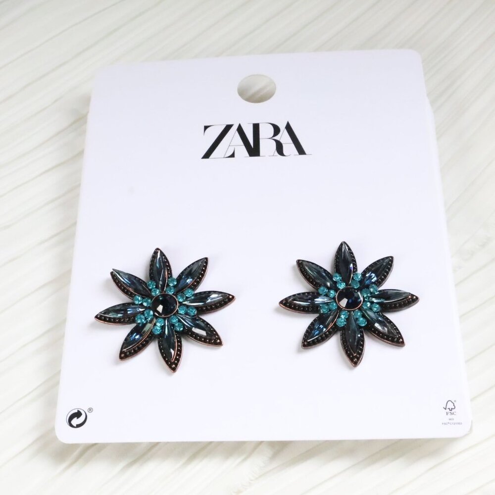 New ZARA Dazzling Blue Crystal Floral Earrings Statement Jewelry